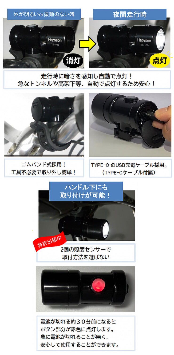 Hapyson 1LED USB充電 自動点灯ライト ハンドルライト用 フロントライト 前用