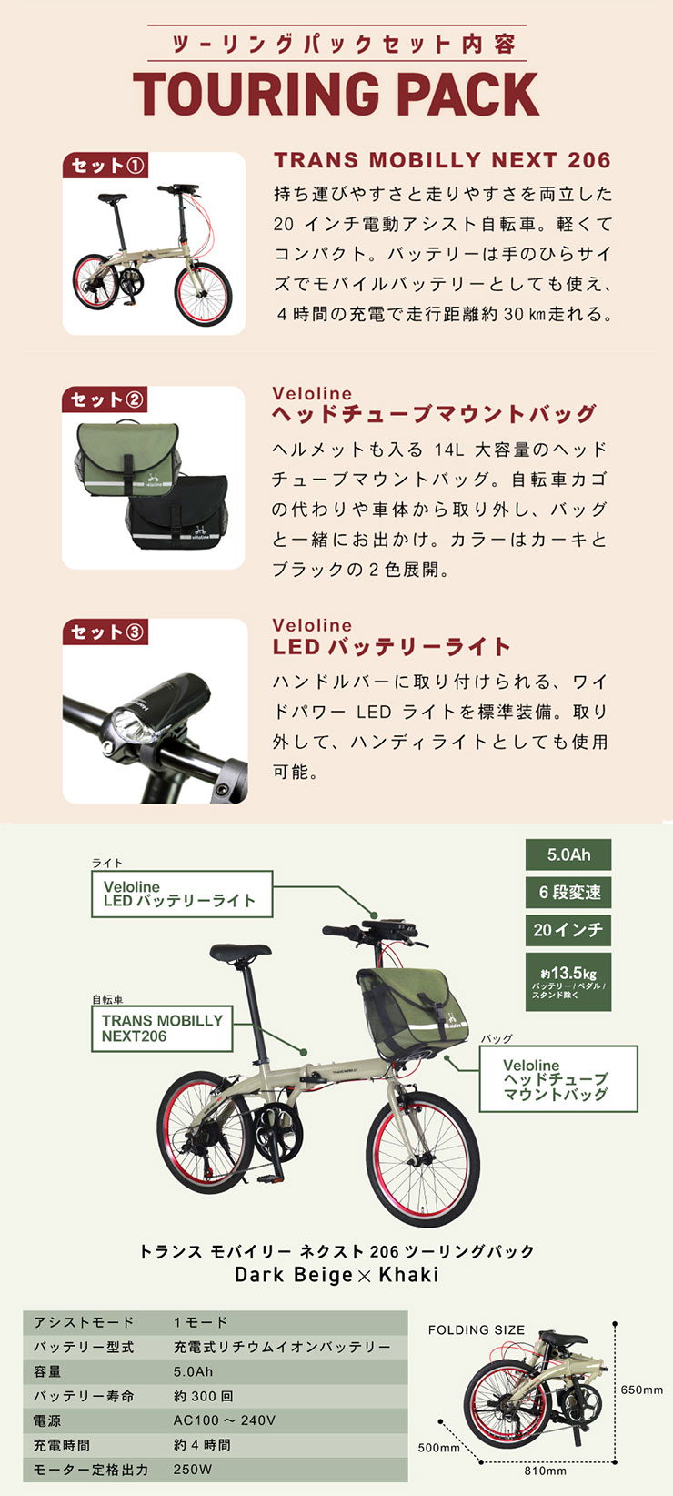 旅にでよう！ツーリングパック（電動）TM NEXT206 20インチ 6段変速 バッグ/ライト付属 折りたたみ自転車 電動自転車