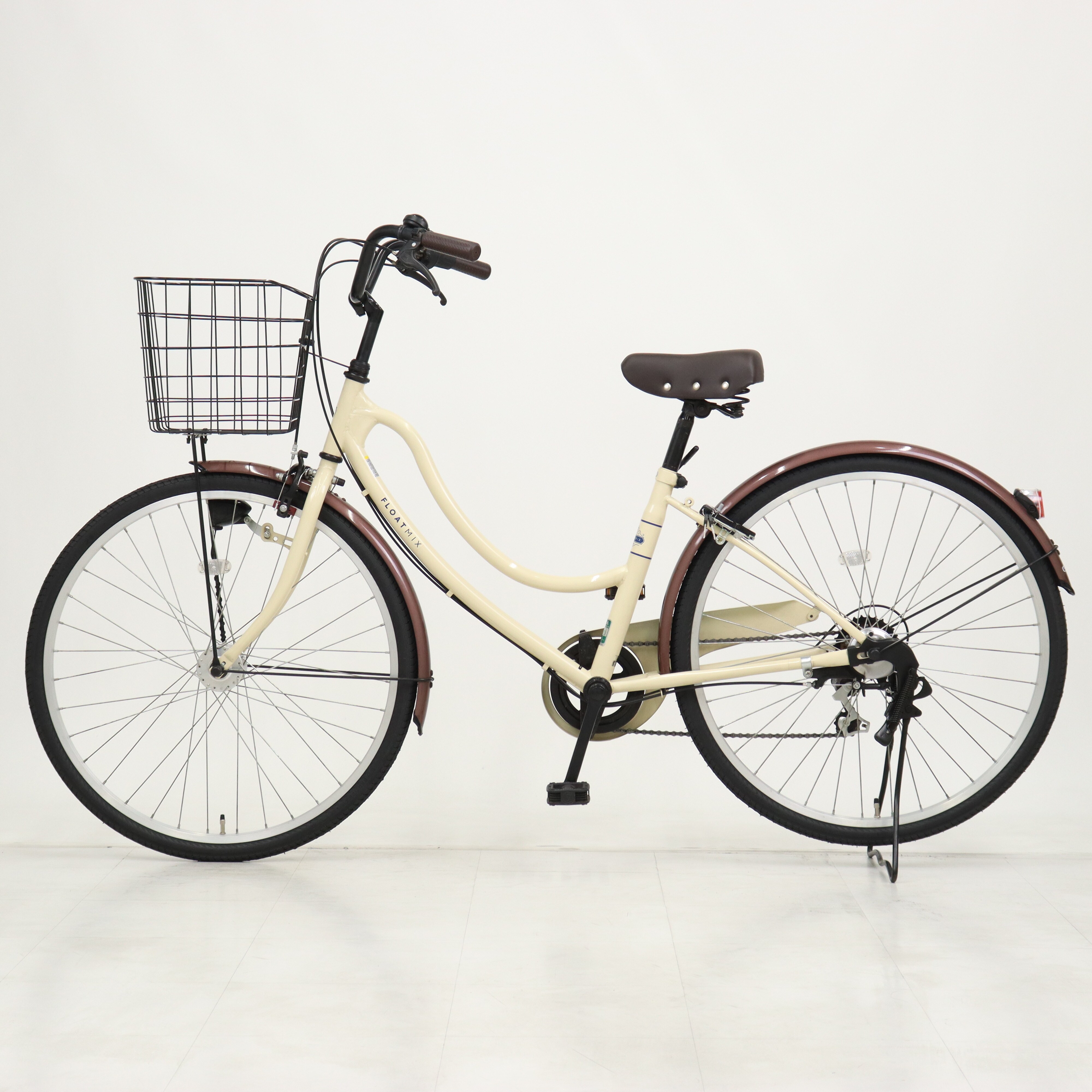 シティサイクル ベージュ 前面バスケット付き　マルキン　3段ギア付き シティサイクル マルキンフロートミックス26インチ
